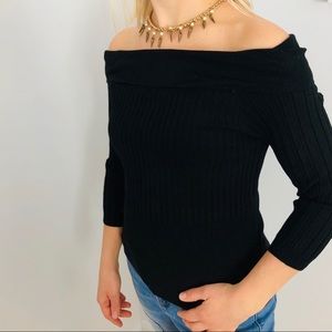 Off shoulder black knit ribbed top with fold over detail at the top